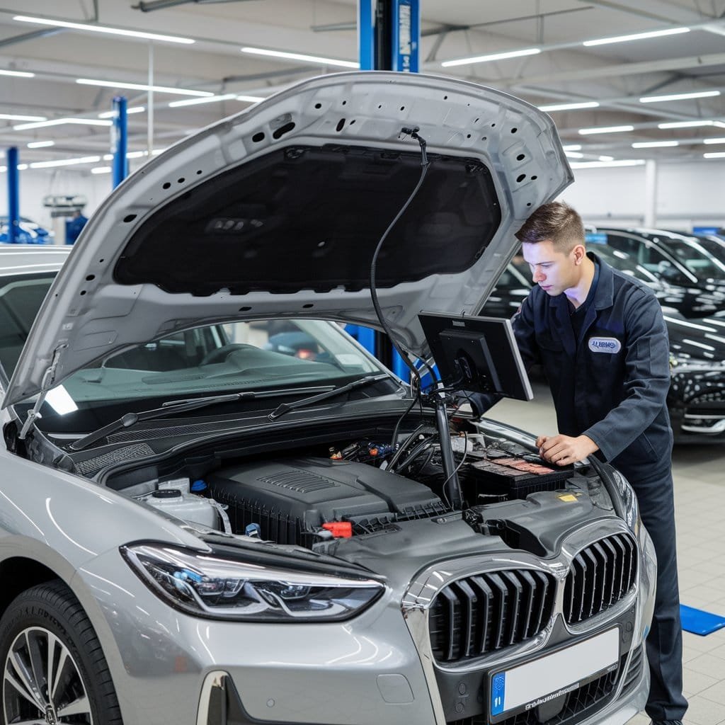 Mechanic inspecting the car with computer. car computer diagnostics