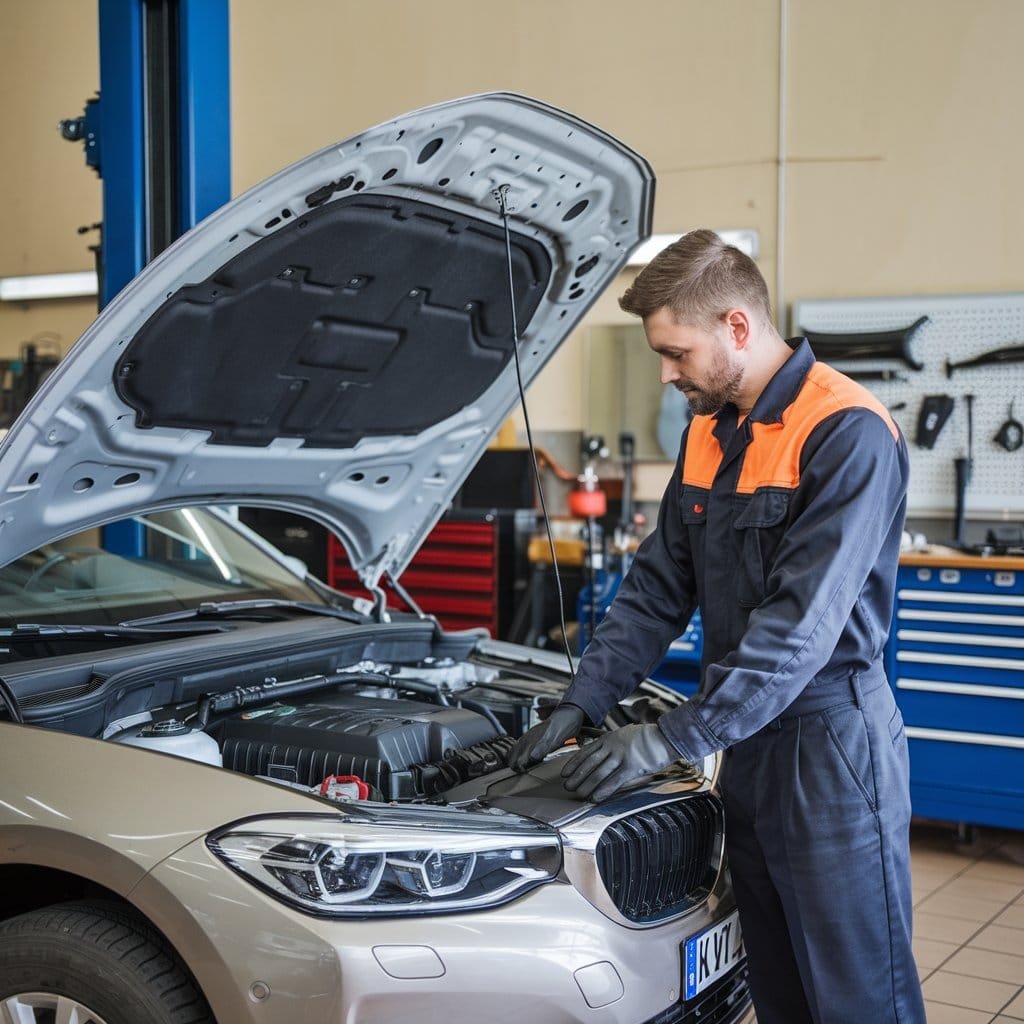 mechanic inspecting the safety of car.