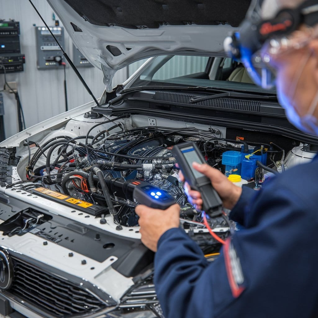 Car health being inspected with help of computer.