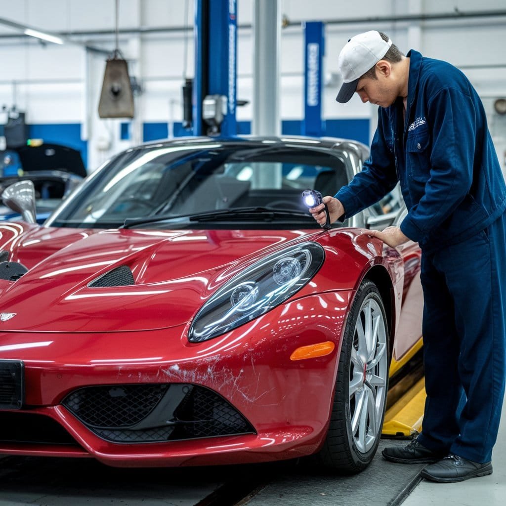 Porsche being inspected in the workshop. Luxury Car Inspection