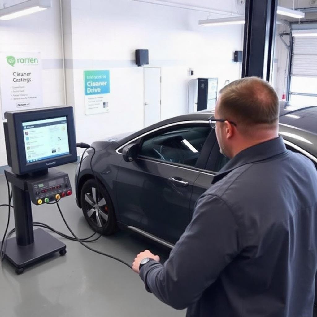 Car emissions testing in Dubai with a vehicle undergoing an emissions-related workshop inspection