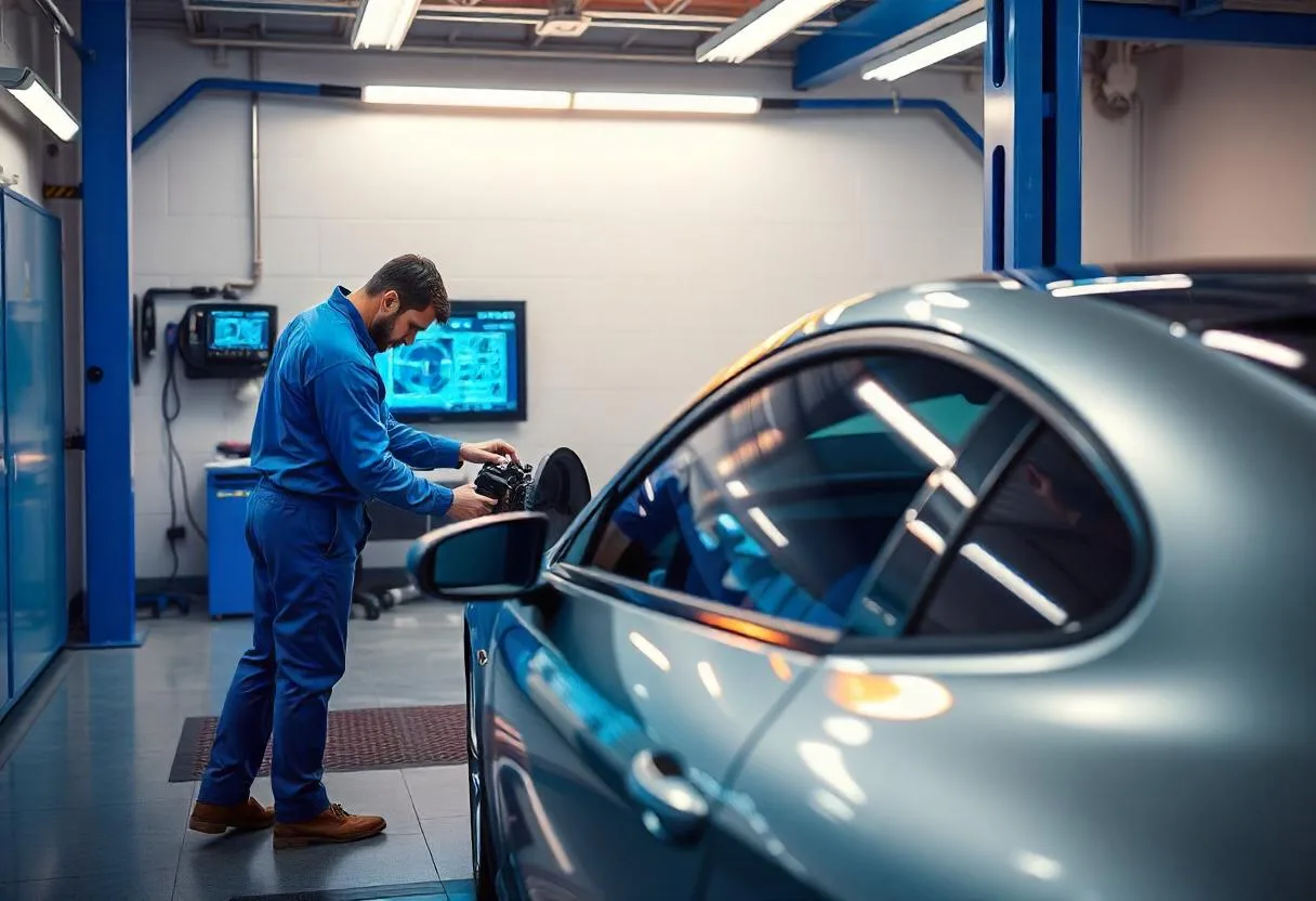 Technician inspecting a vehicle for emissions-related concerns