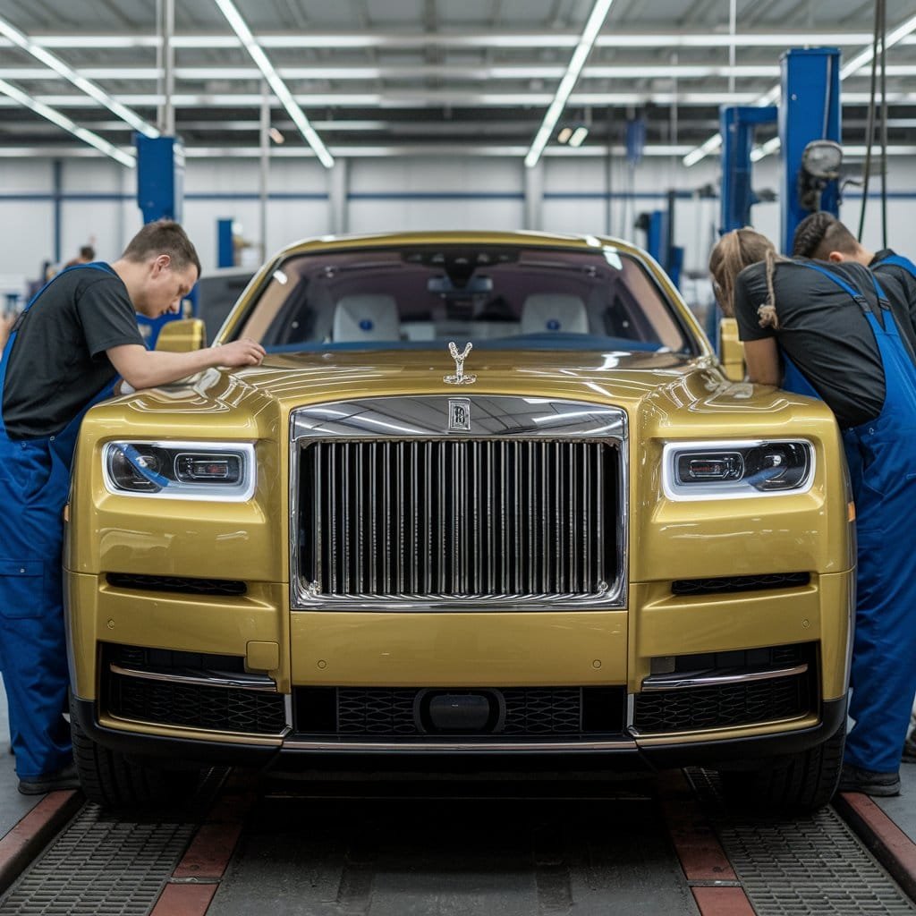 Rolls Royce being inspected in the service center.