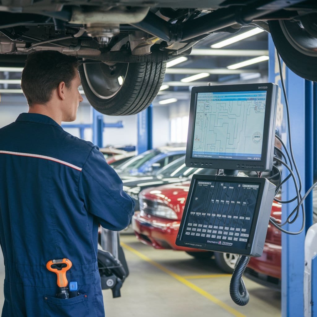 Car is being inspected with help of computer.