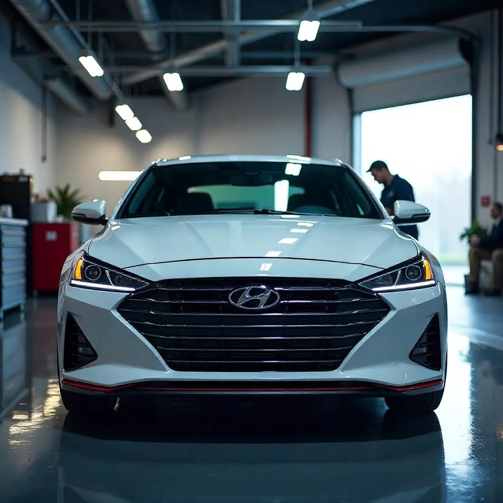 Hyundai vehicle positioned for inspection in a workshop