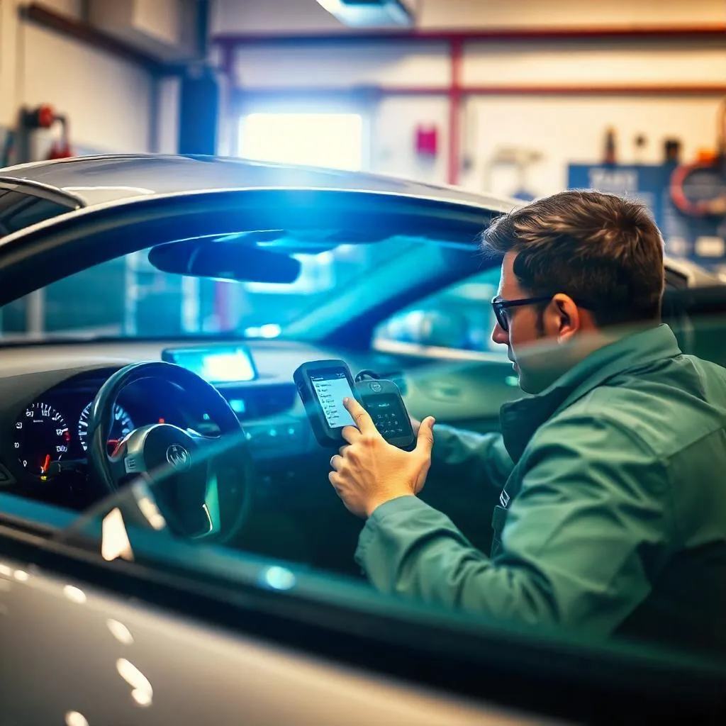 Example diagnostic scene with a scan device beside a vehicle dashboard