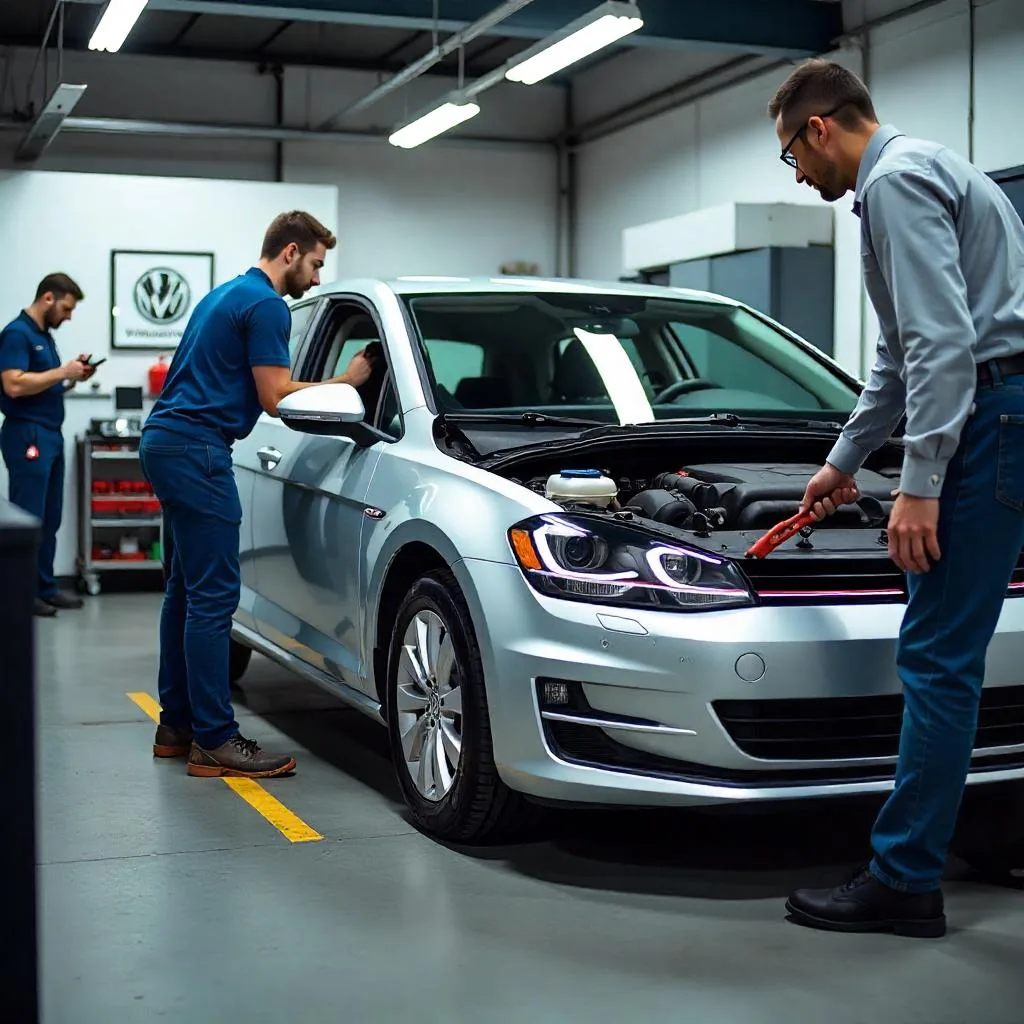 Volkswagen vehicle prepared for inspection in a Dubai workshop
