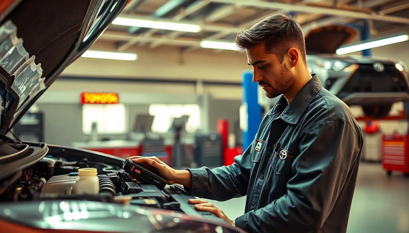 Technician reviewing under-bonnet inspection data