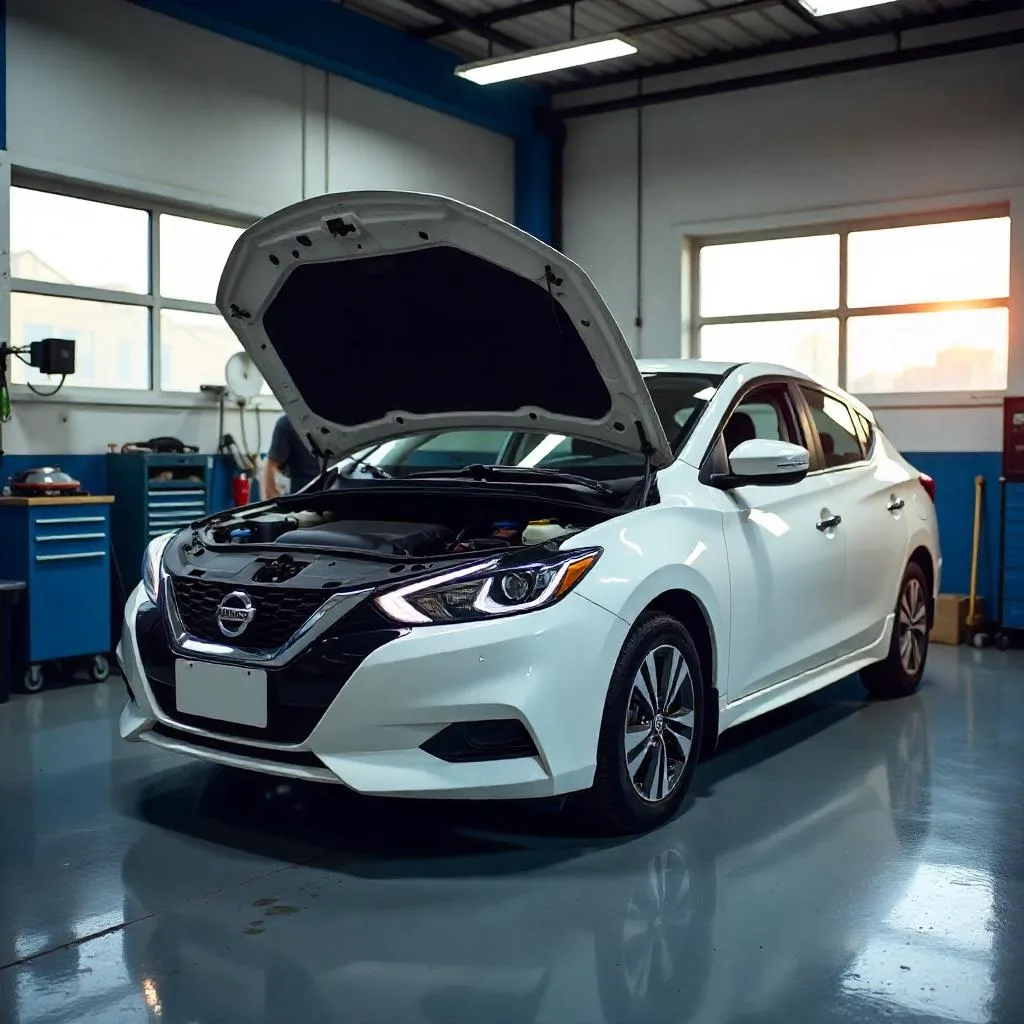 Nissan sedan undergoing an under-bonnet inspection