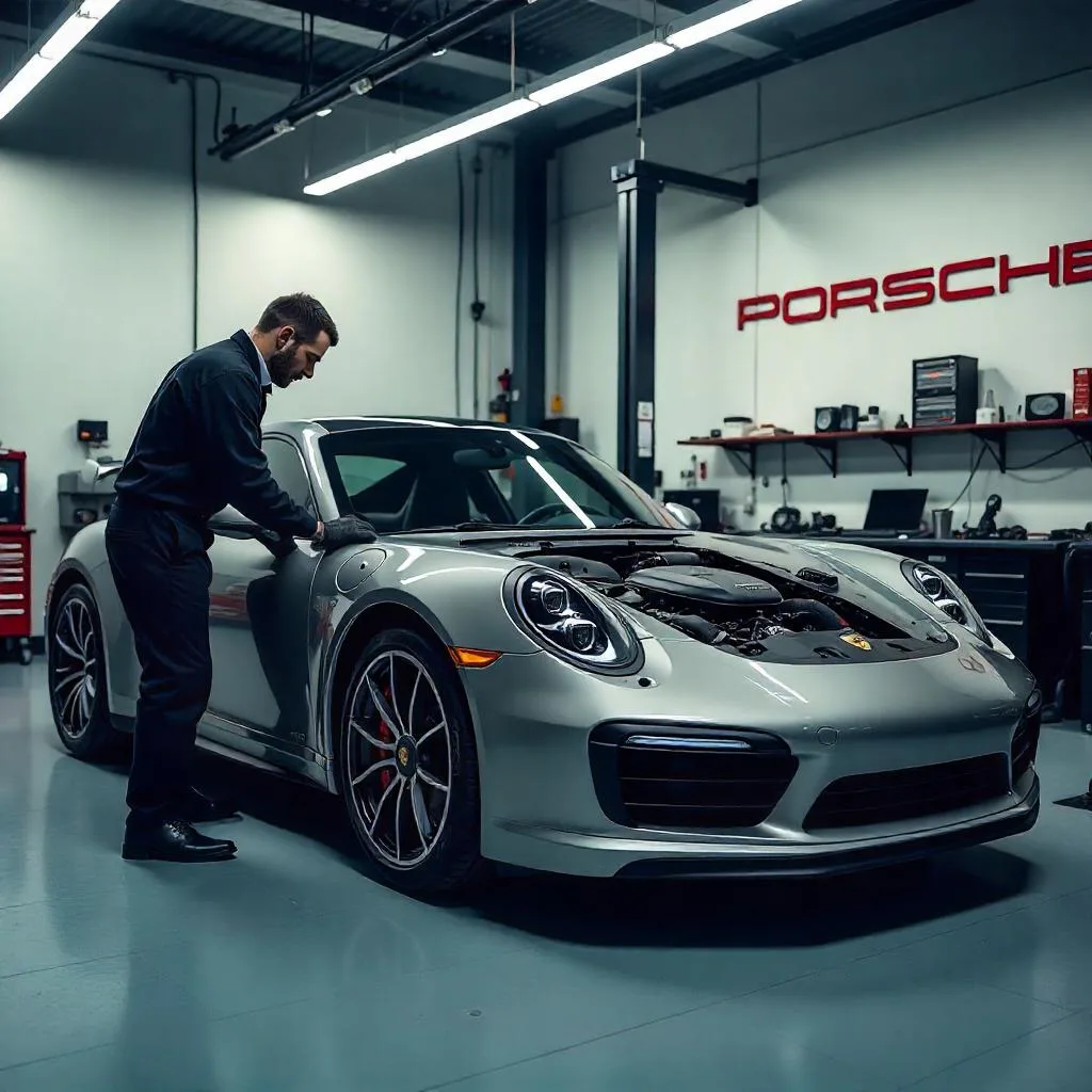 Porsche vehicle prepared for inspection in a Dubai workshop