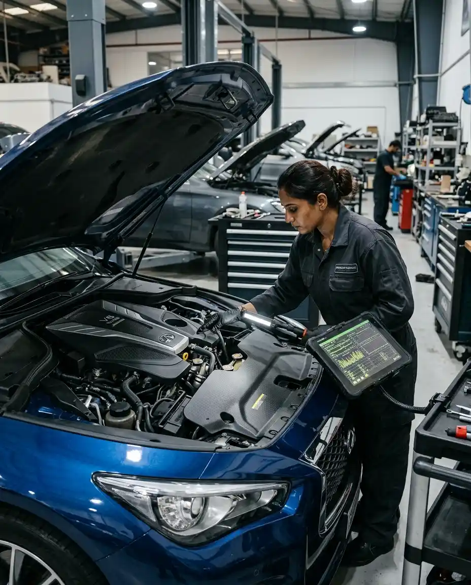 Technician reviewing an engine bay and diagnostic data during a luxury vehicle inspection