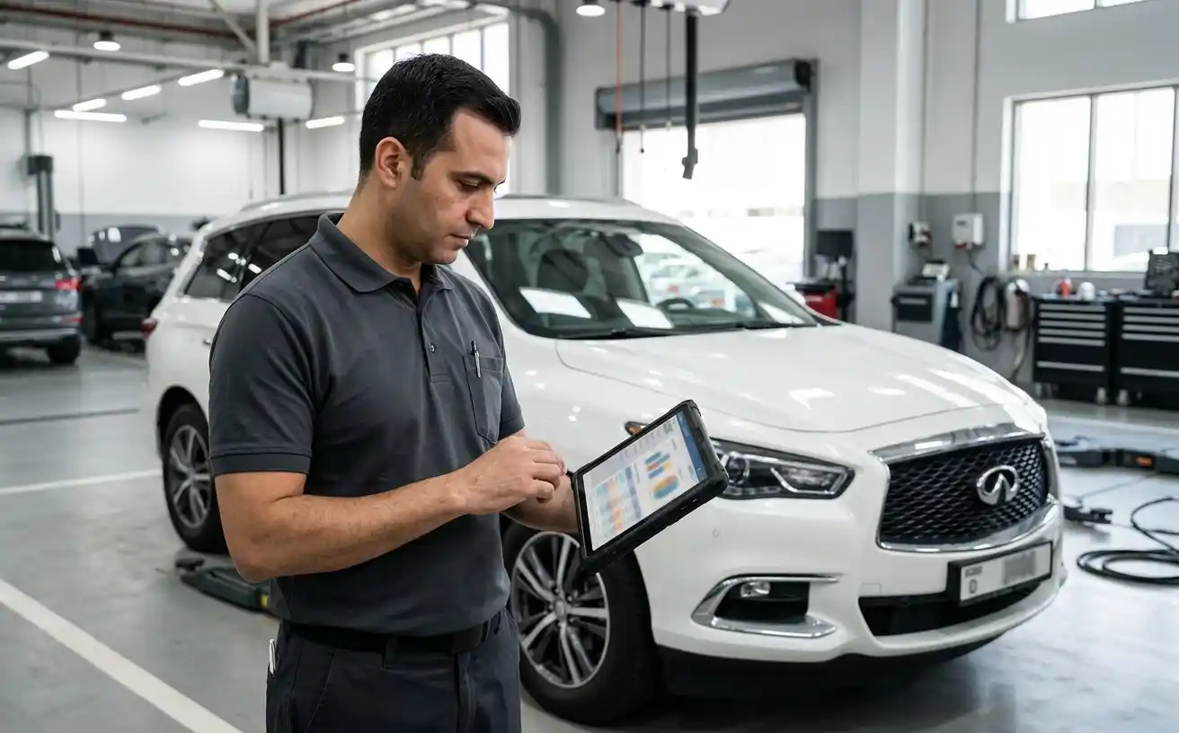 Reviewing a used car inspection report on a tablet