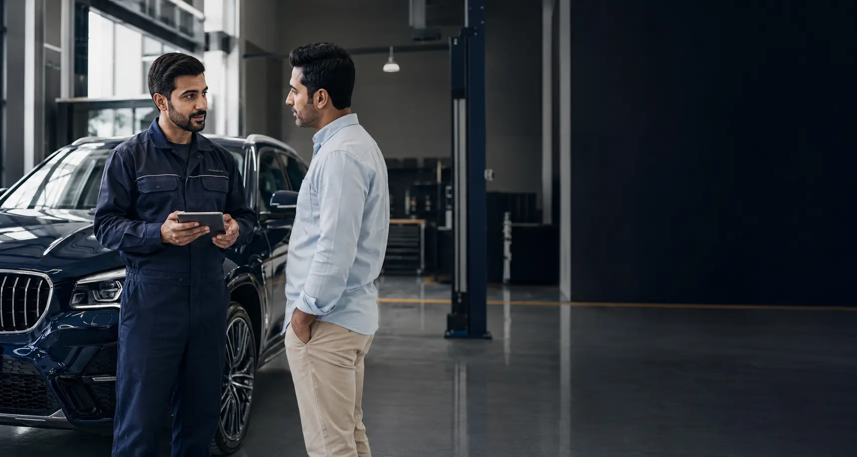 Vehicle inspection discussion beside a car in Dubai