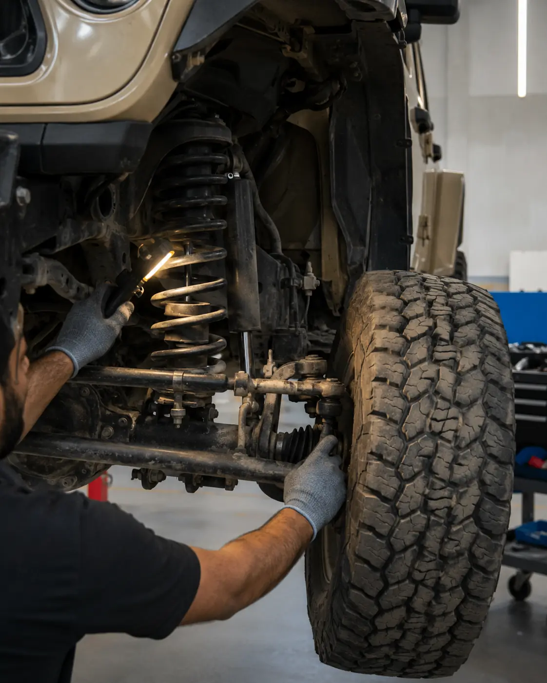 Mechanic checking steering linkage and front wheel components