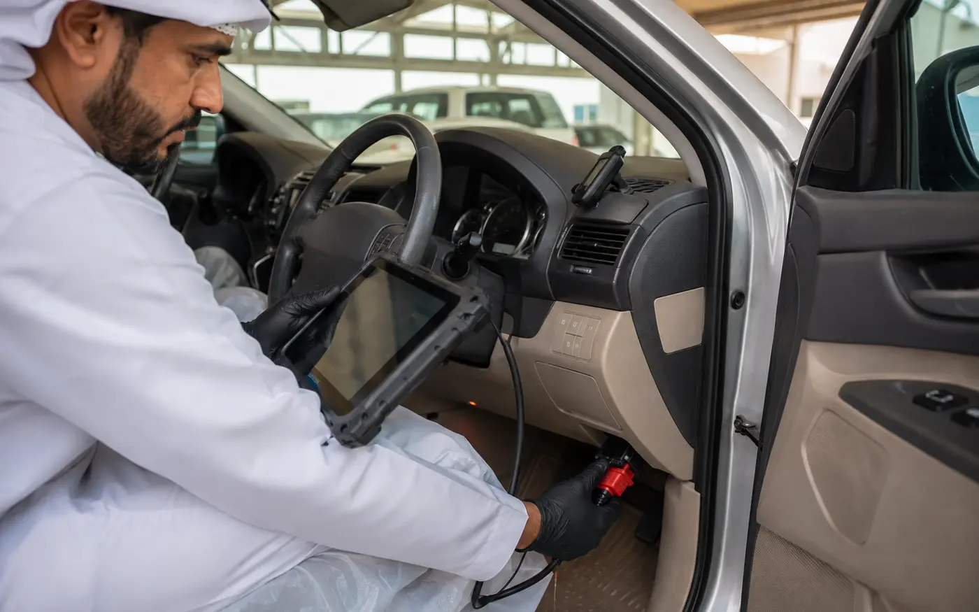 Portable diagnostic scan connected to a vehicle at its location