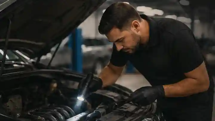 Vehicle body and engine-bay condition being examined after reported accident repairs