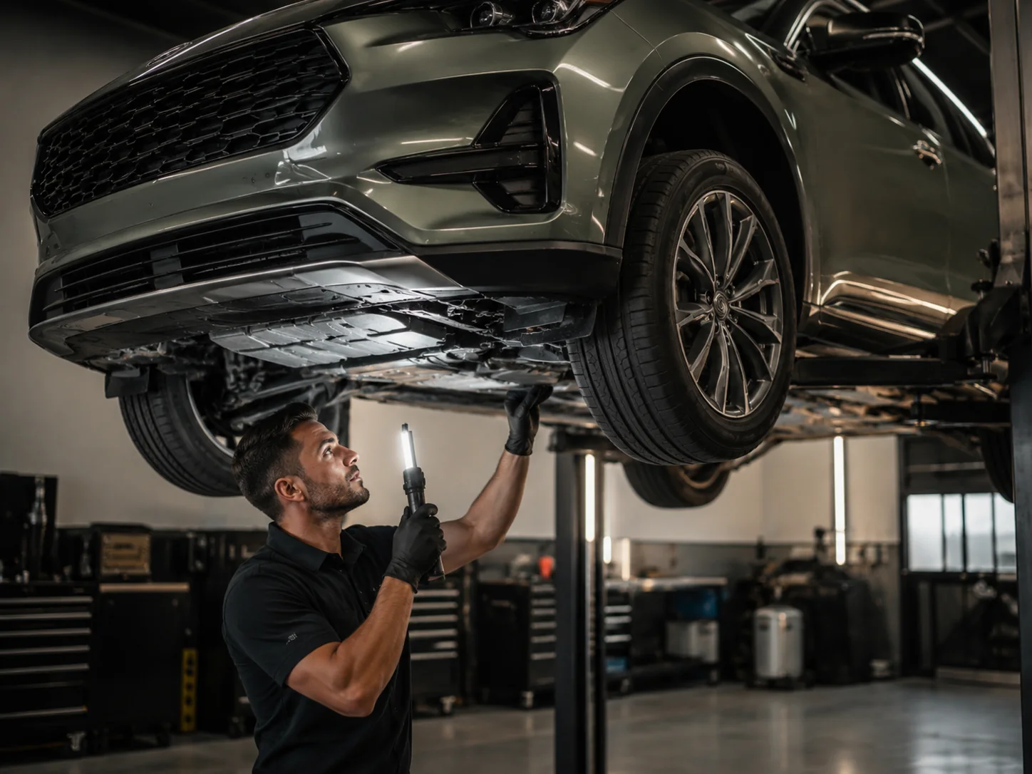 Vehicle chassis and underside viewed on a lift during condition inspection
