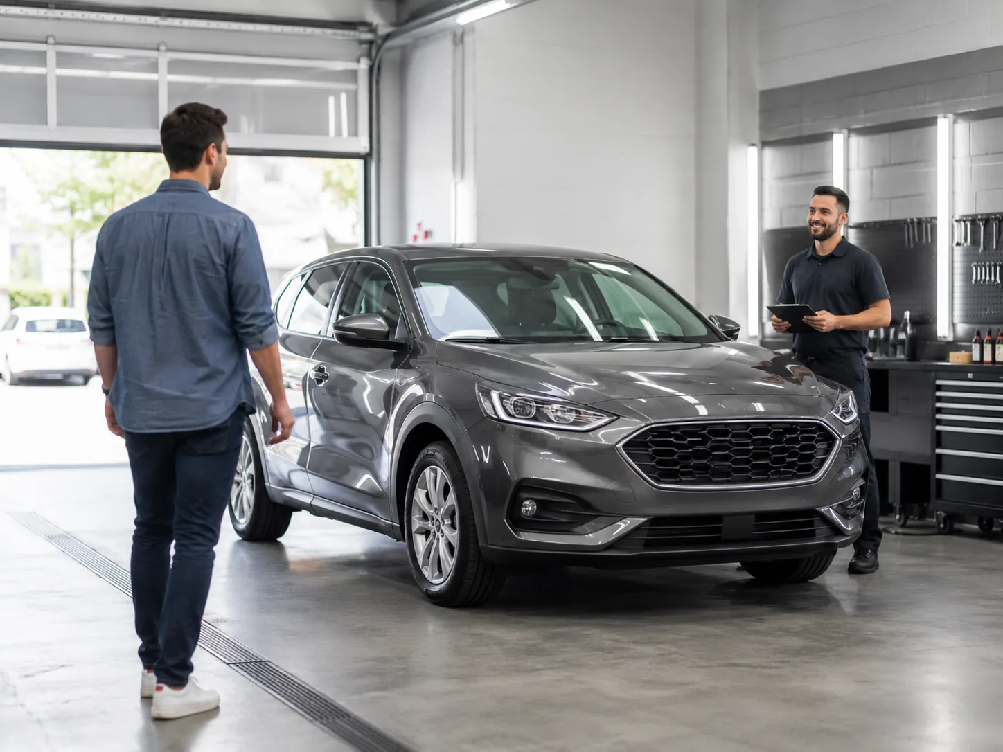 Technician inspecting a used vehicle in a workshop before purchase