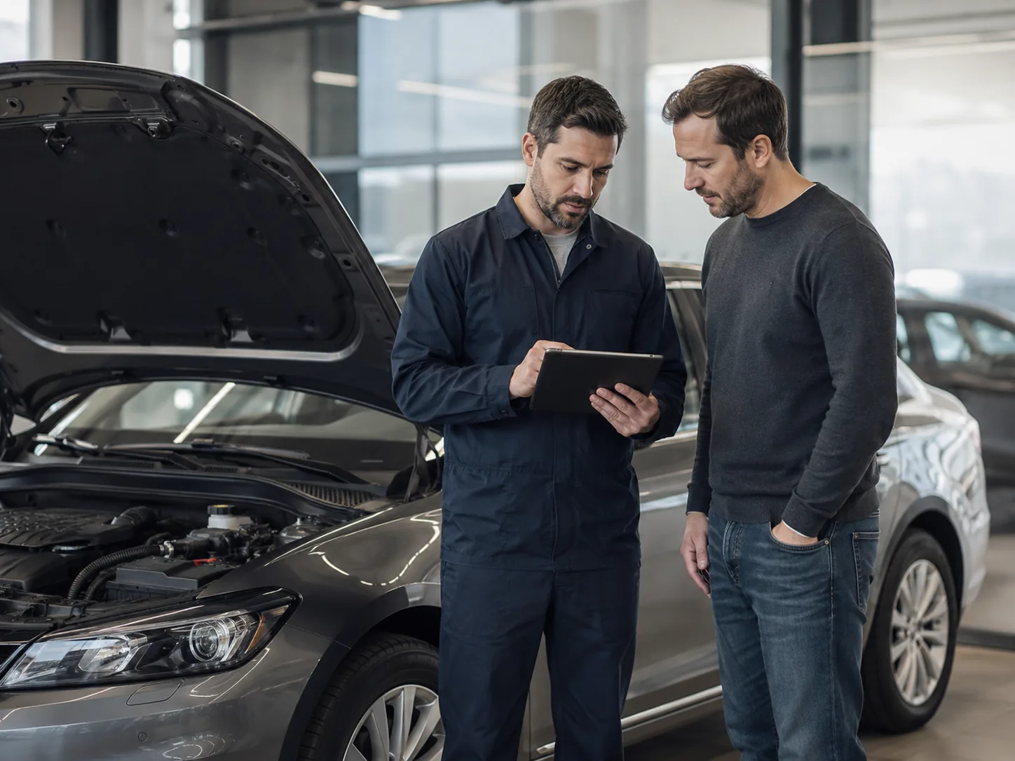 Vehicle condition findings being reviewed with a technician before a purchase decision