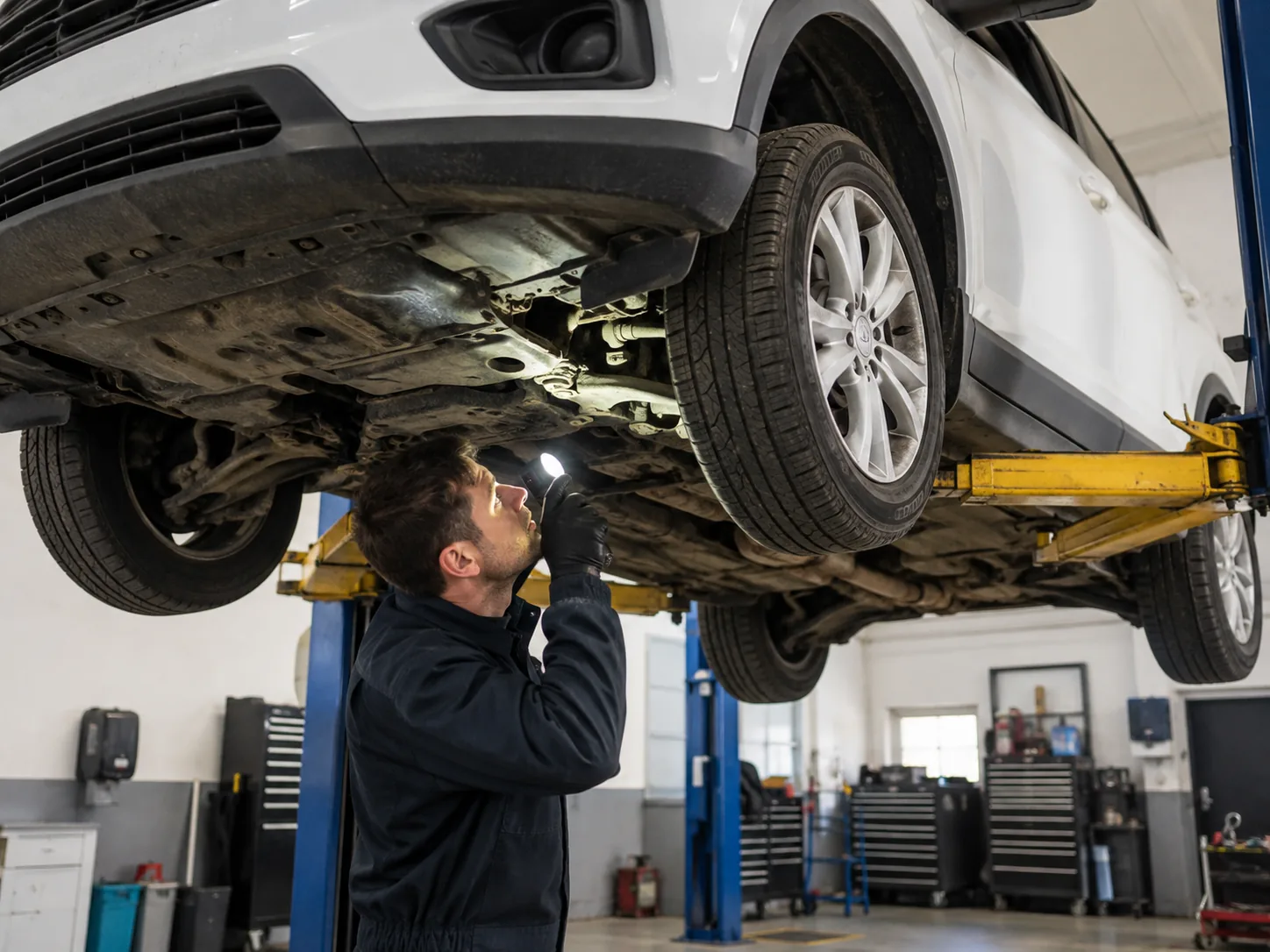 Technician inspecting the underbody of a used vehicle on a workshop lift before purchase