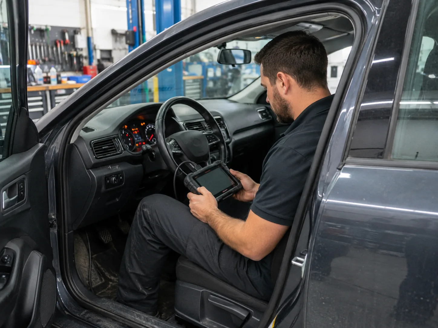 Technician carrying out an in-cabin diagnostic scan before a used-car purchase