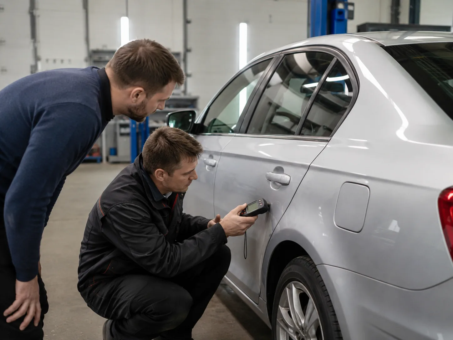 Technician measuring paint and body condition on a used sedan before sale