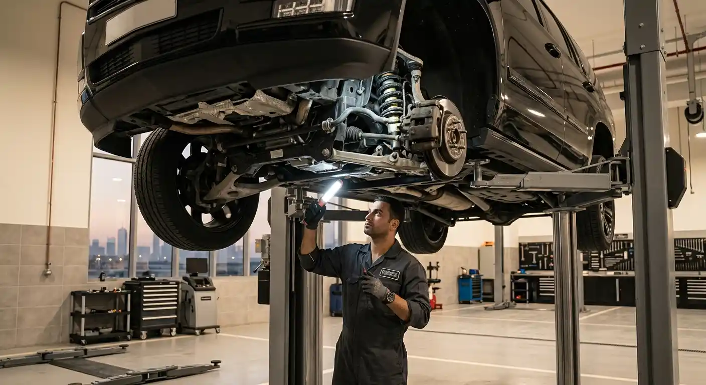 Luxury vehicle suspension and accessible underbody viewed during inspection