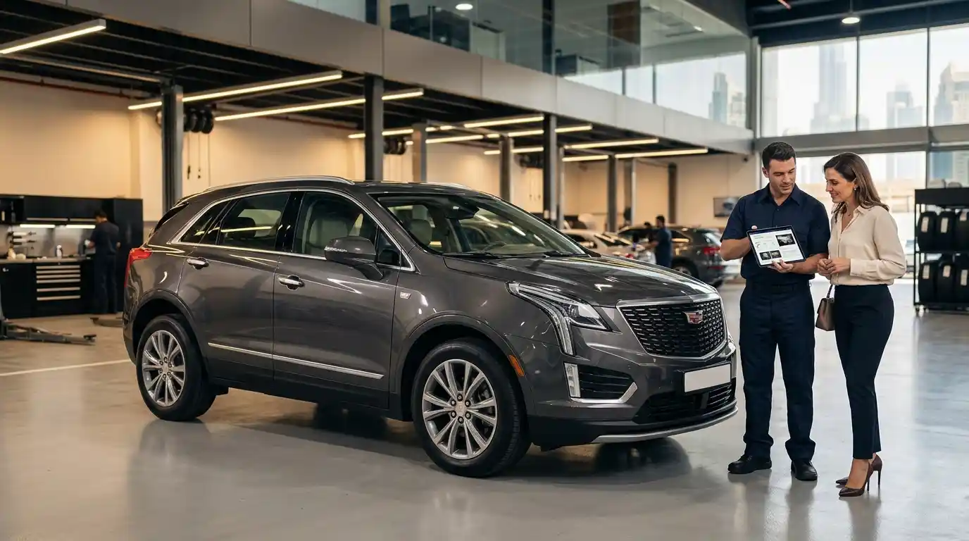 Customer and inspector reviewing luxury vehicle inspection information