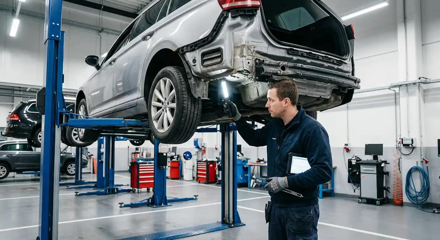 Rear chassis and underbody repair areas being inspected on a lifted salvage vehicle