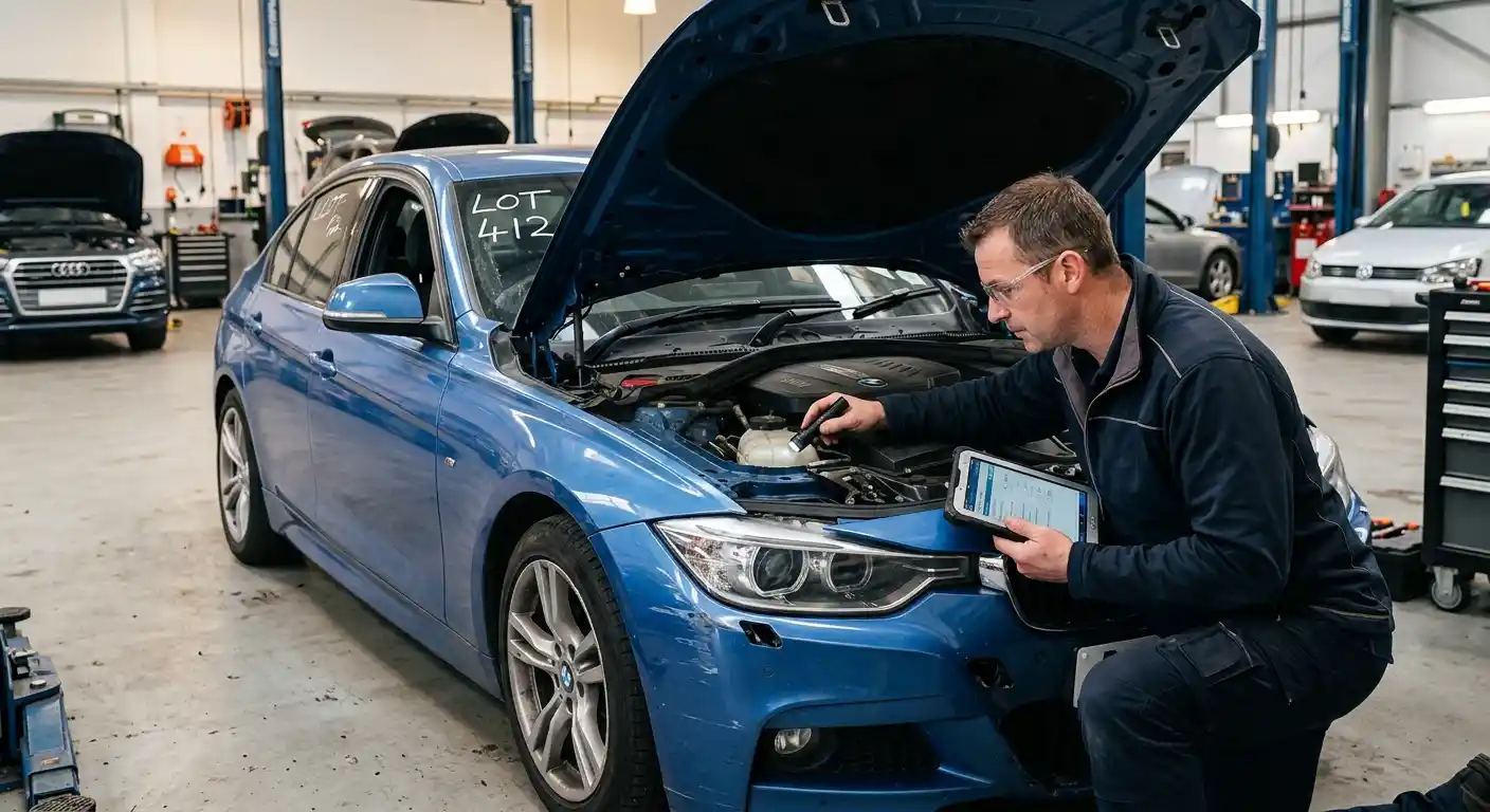 Engine-bay condition and diagnostic information being checked on an auction vehicle