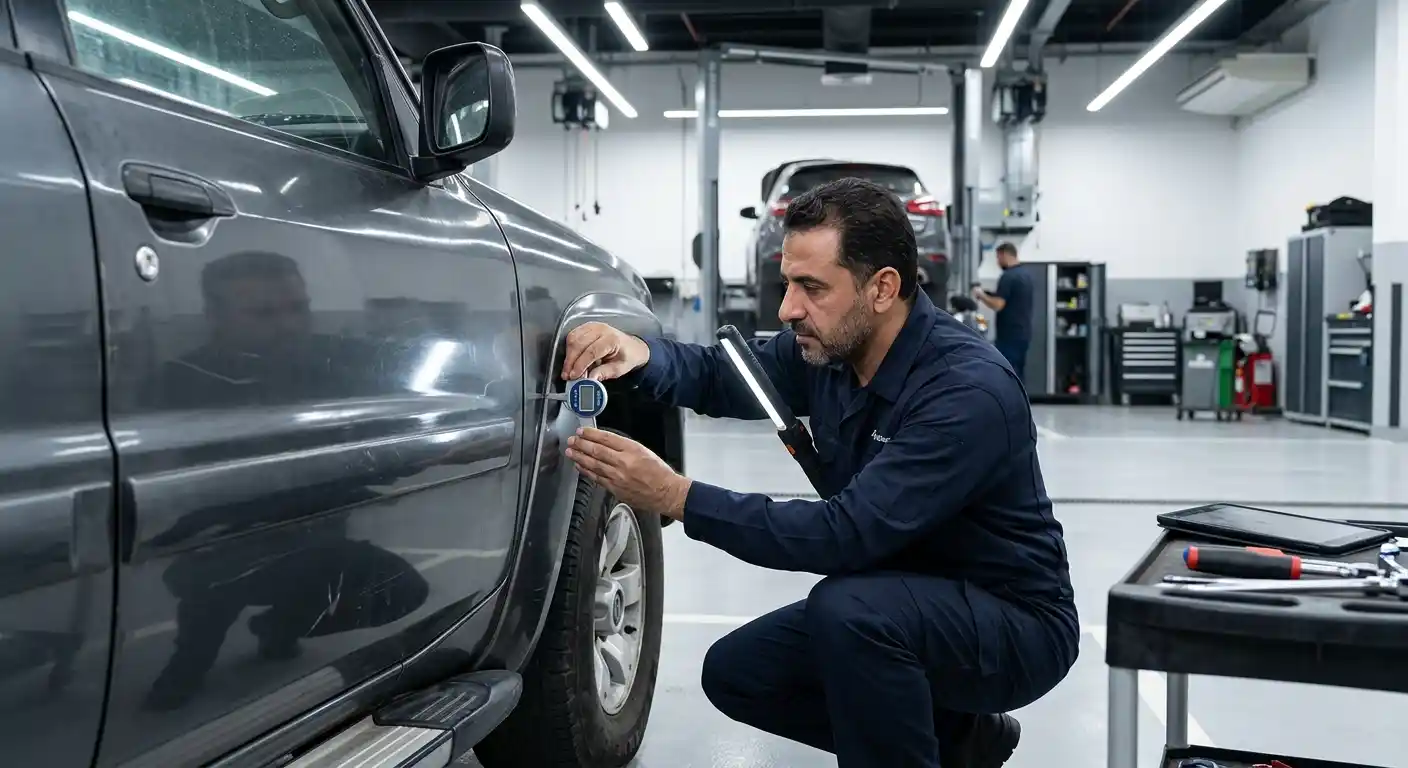 Body-panel repair evidence being checked with a paint-depth gauge