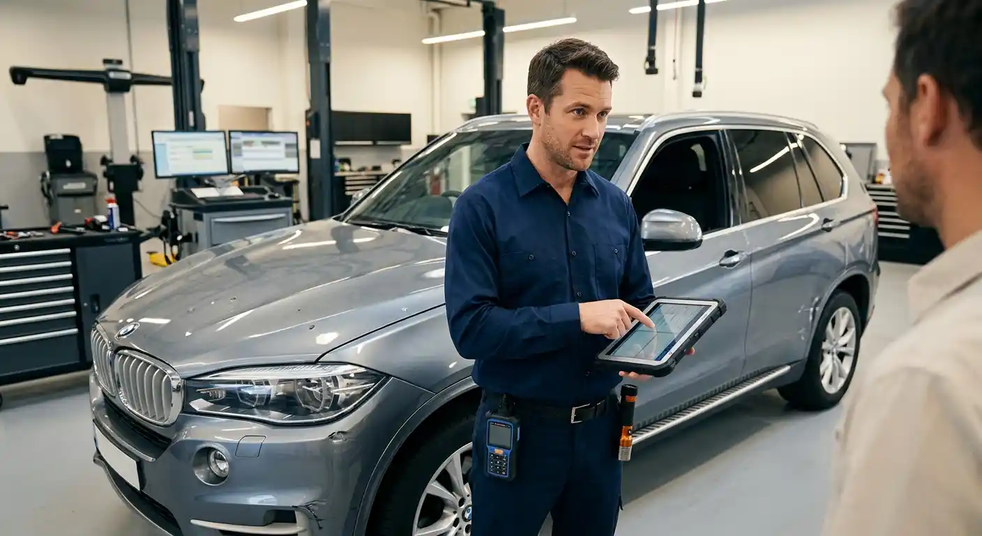Vehicle findings being reviewed with a buyer in a Dubai workshop
