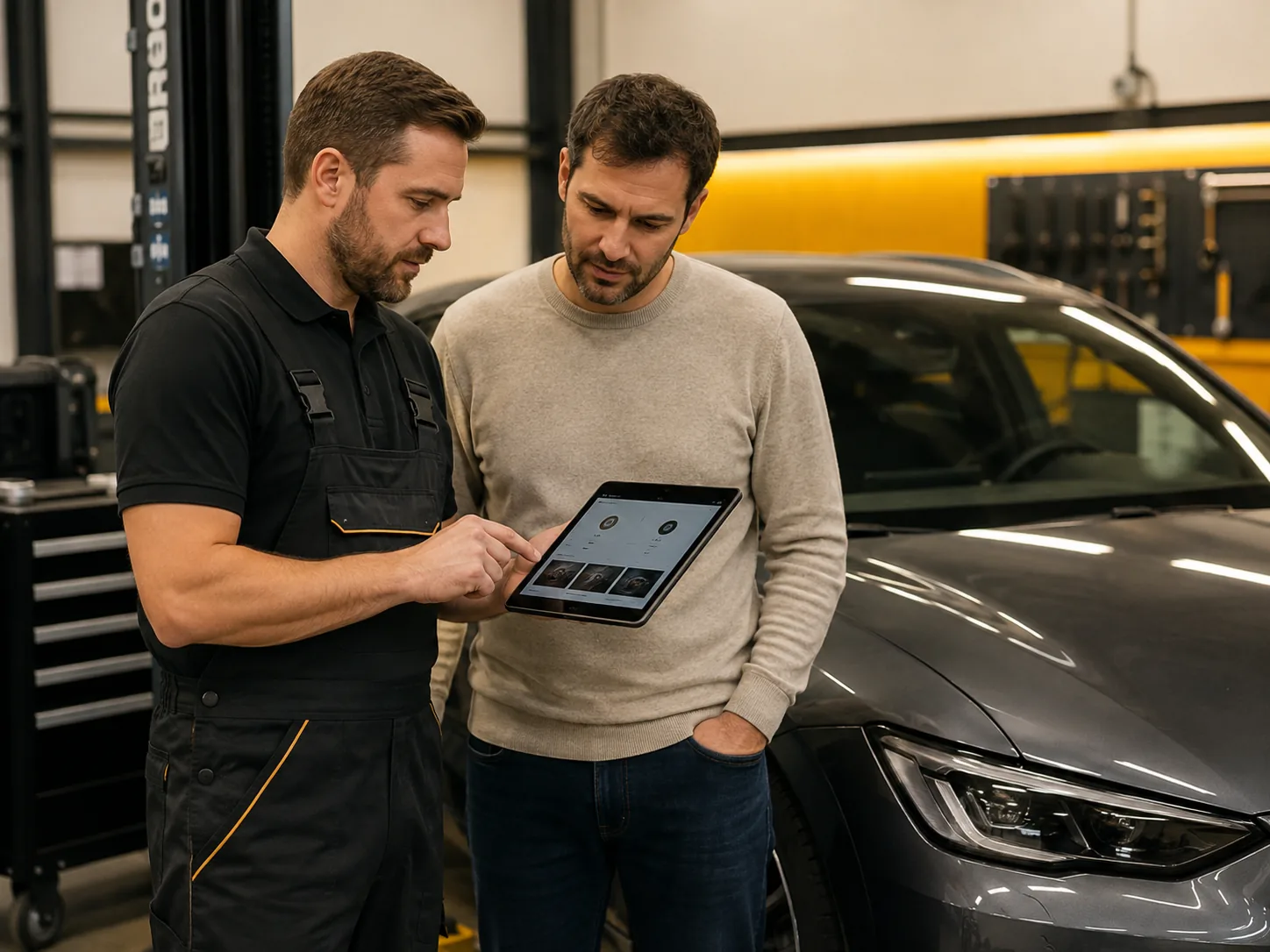 Inspector explaining an airbag diagnostic report to a vehicle owner
