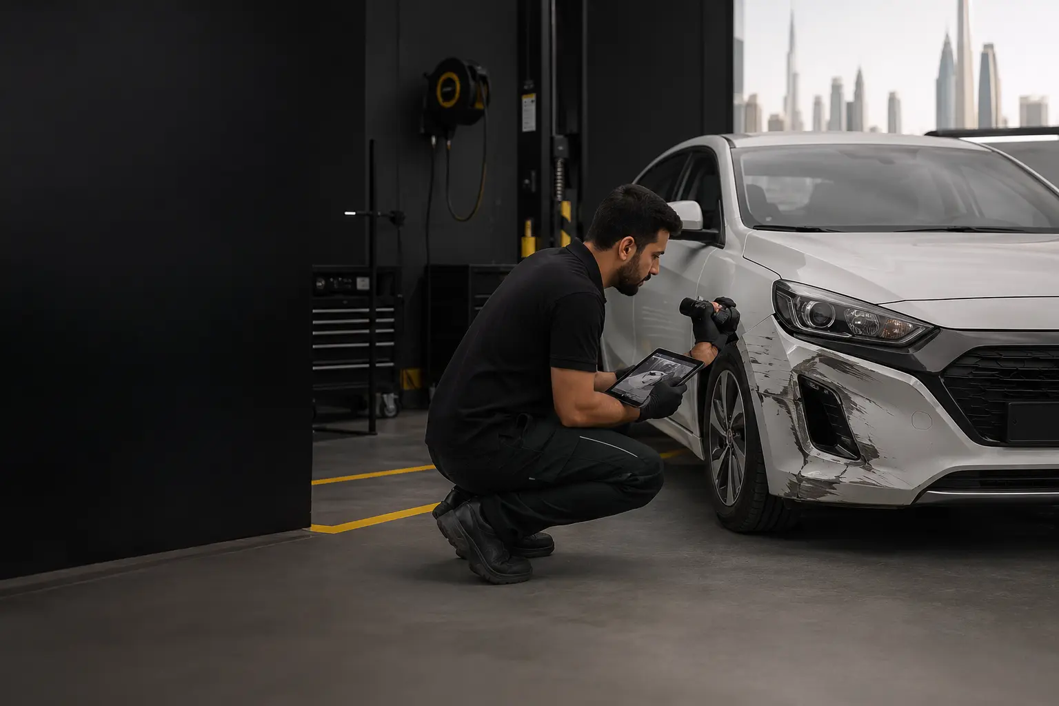 Car inspection for insurance claims documenting front-corner damage in Dubai