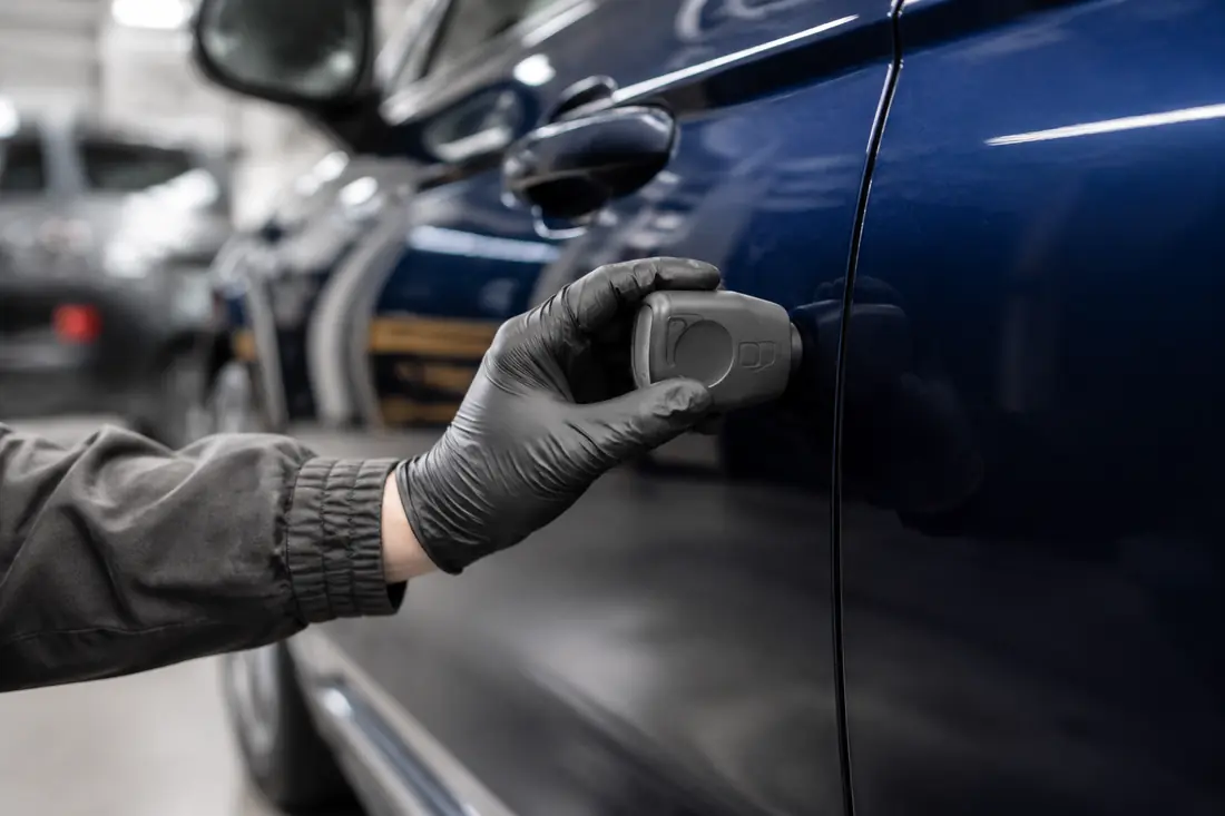 Paint-depth gauge being applied to a car body panel