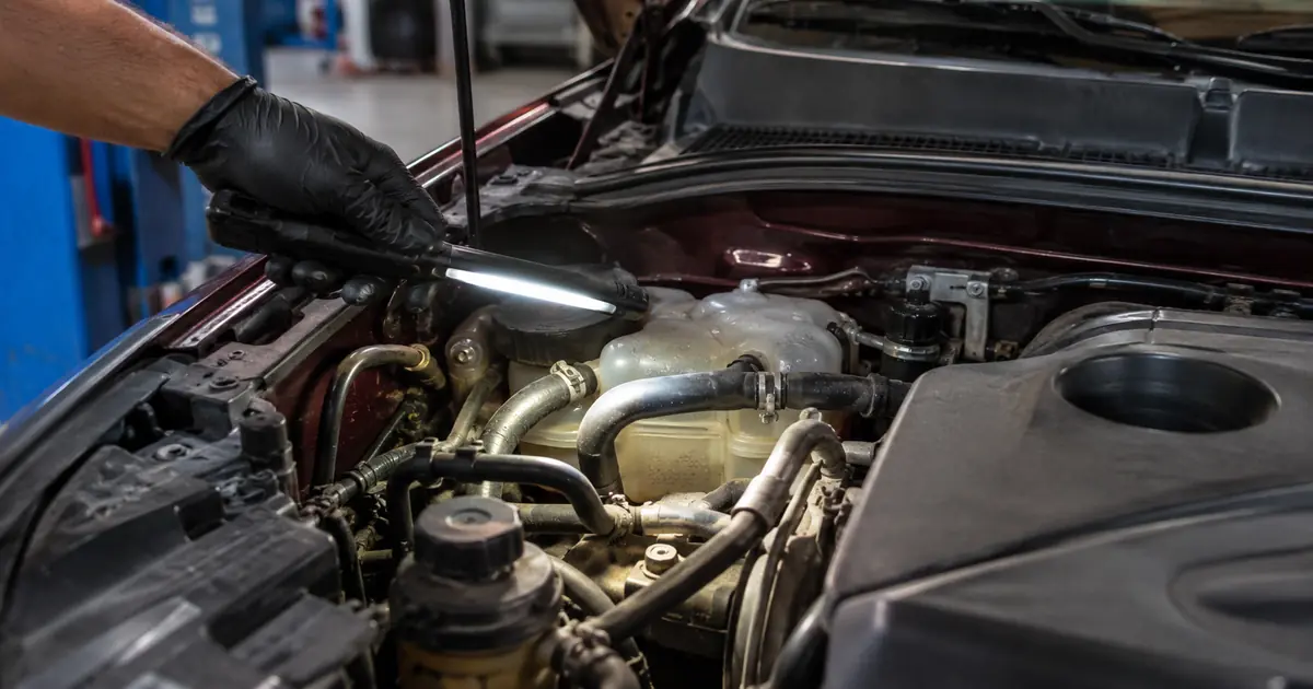 Cooling-system components being checked in an open engine bay