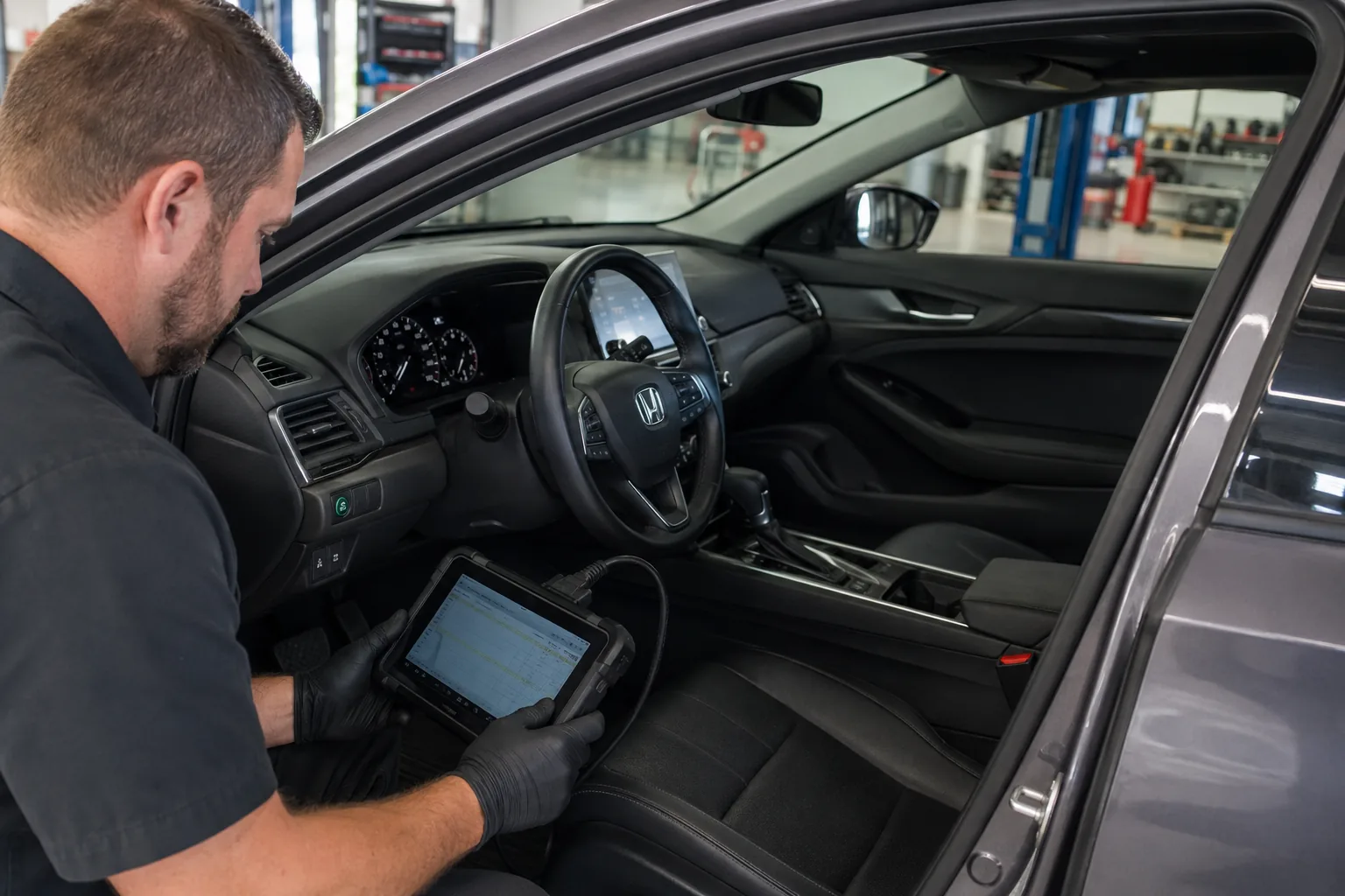 Diagnostic scan being performed inside a Honda during inspection