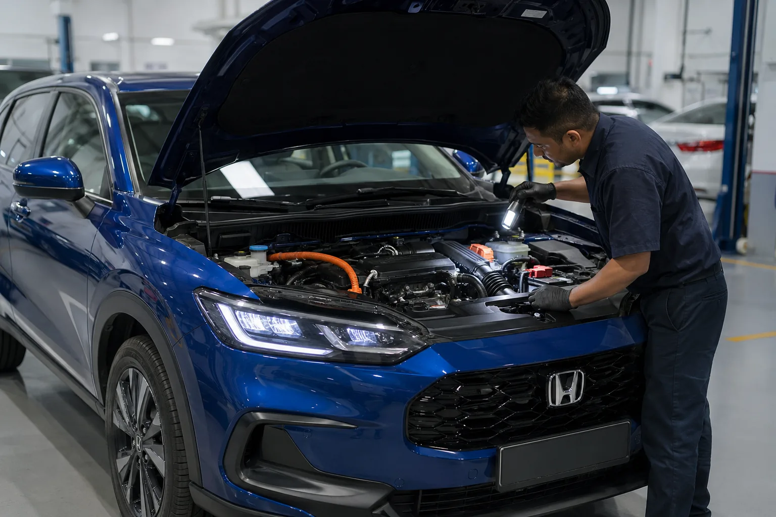 Technician examining a Honda engine bay during a vehicle inspection