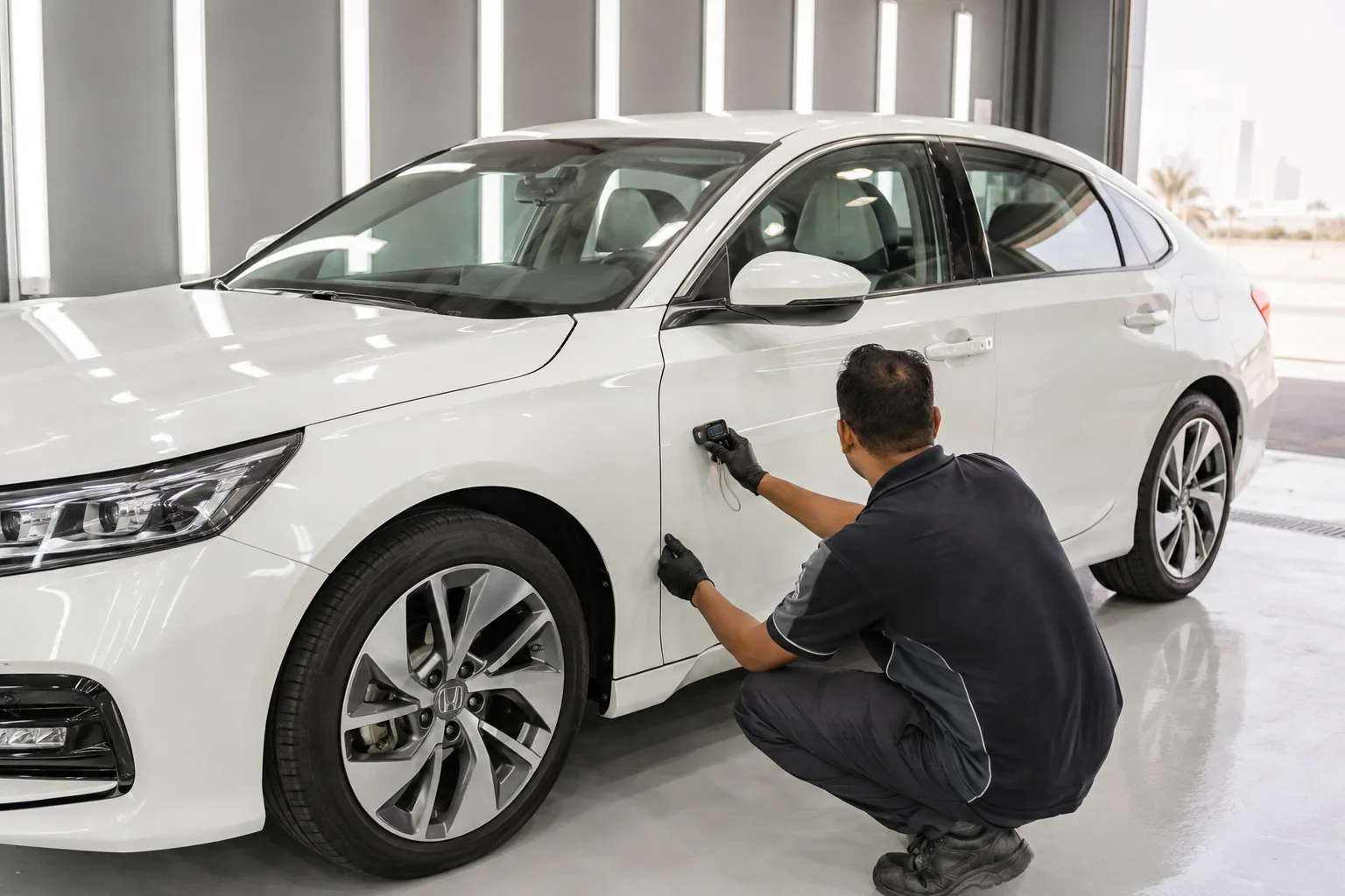 Inspector reviewing the exterior condition of a white Honda sedan in Dubai
