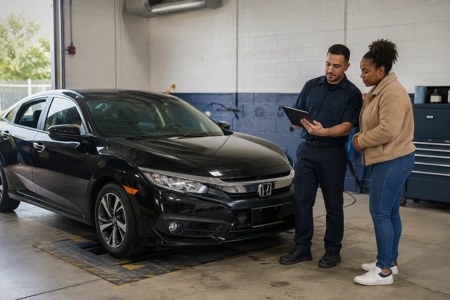Vehicle inspection findings being reviewed with a buyer