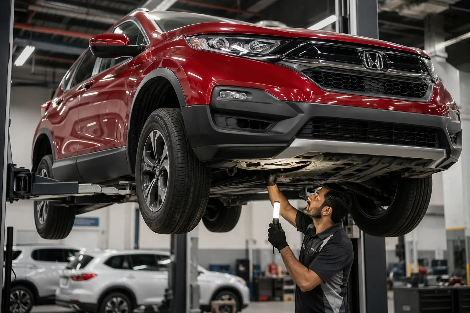 Honda suspension and underbody components being checked on a lift
