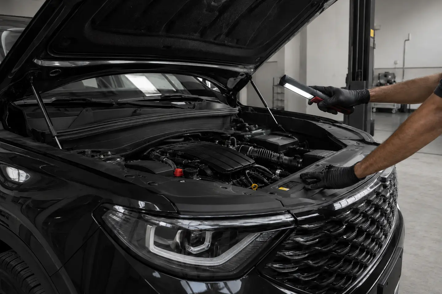 Car inspection activity in an open engine bay in Dubai