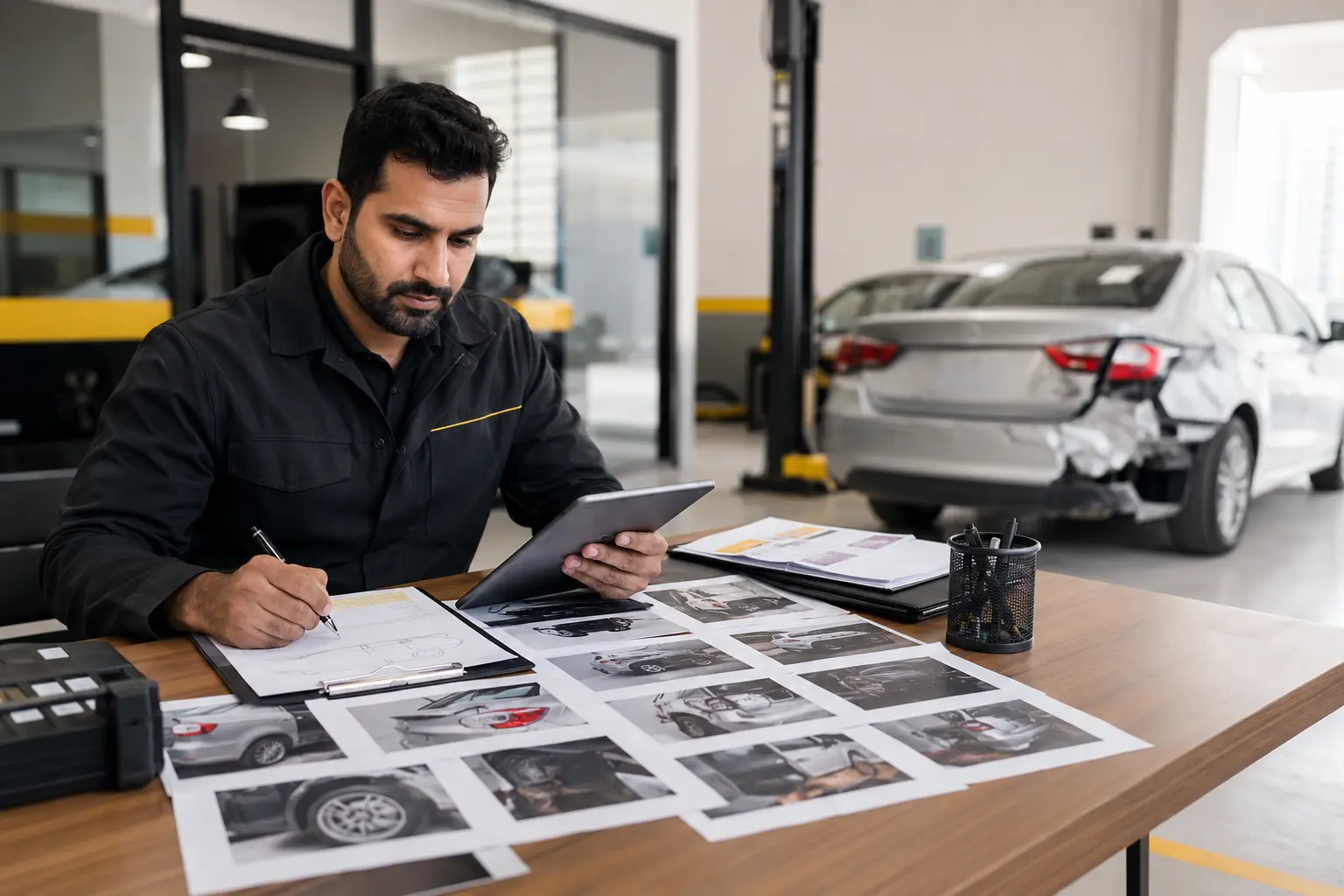 Inspector reviewing photographs and evidence after a vehicle insurance claim inspection