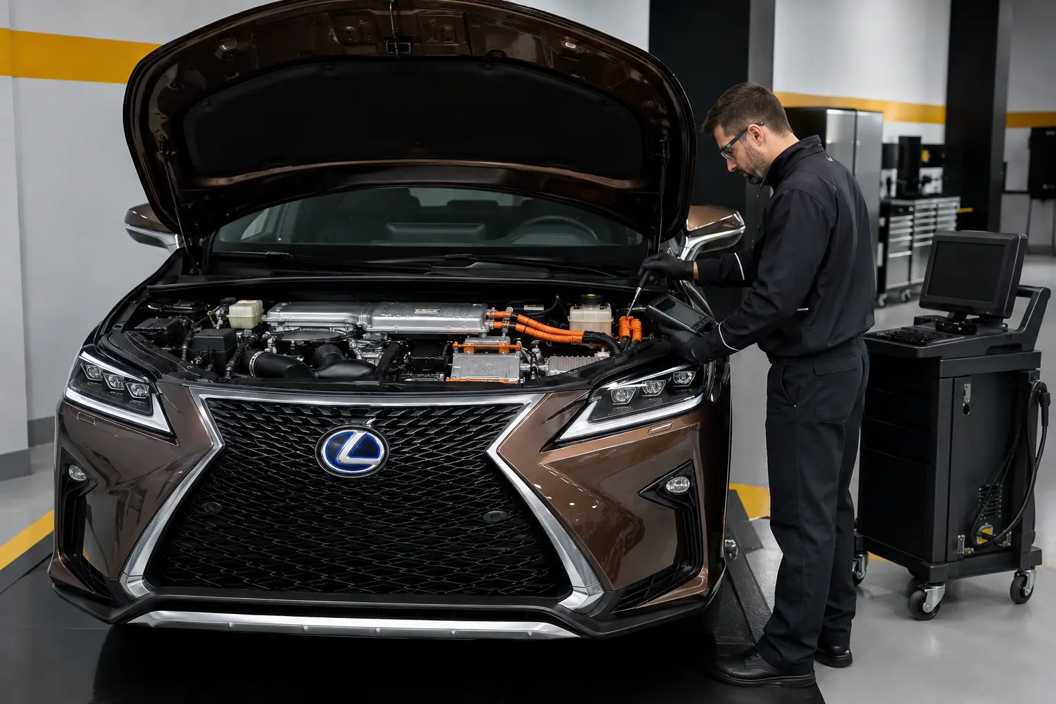 Technician examining accessible hybrid components in a Lexus engine bay