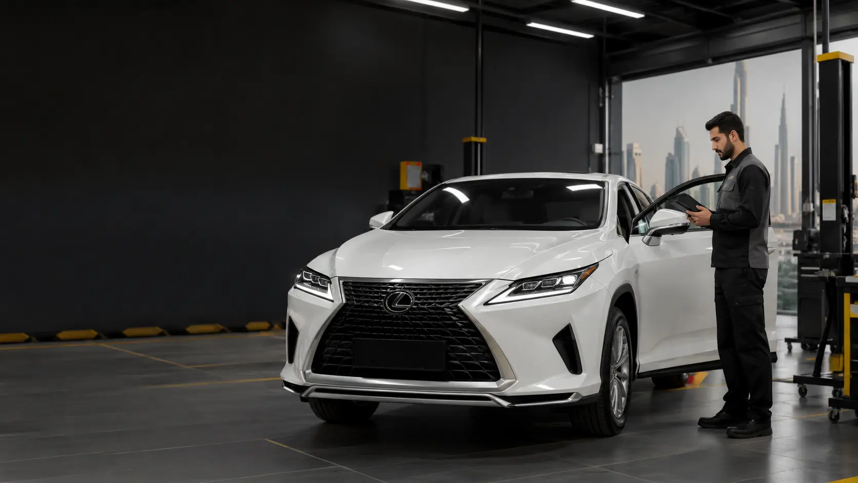 Lexus inspection in Dubai on a white Lexus RX during a vehicle condition assessment