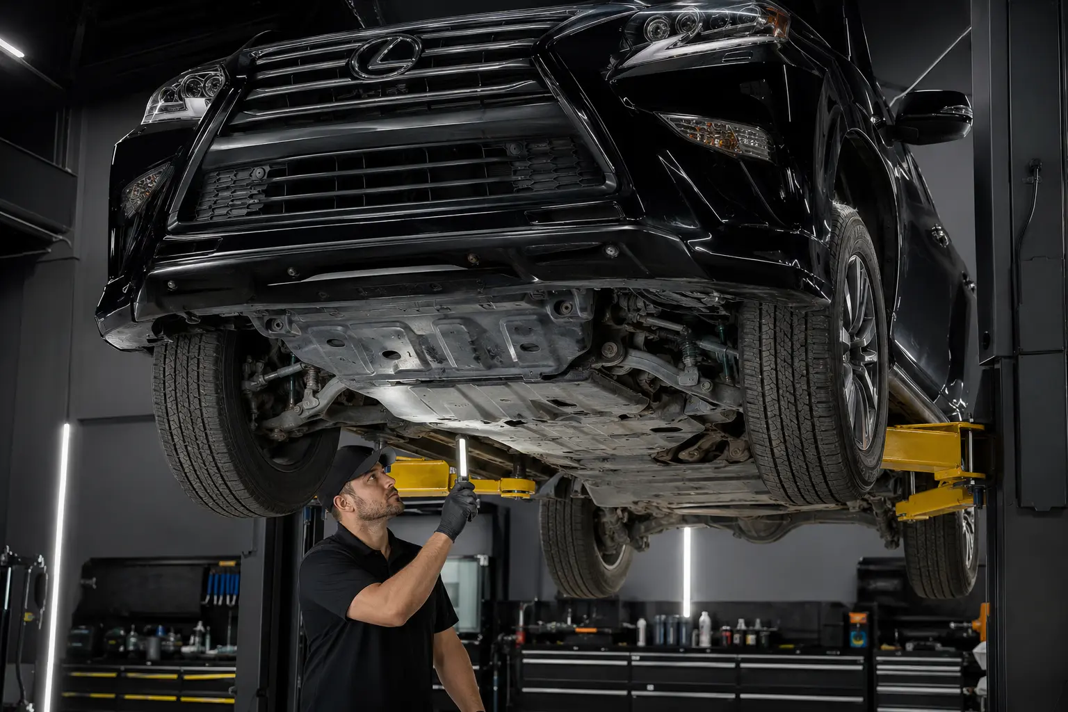 Technician inspecting the underbody and suspension of a Lexus GX on a lift