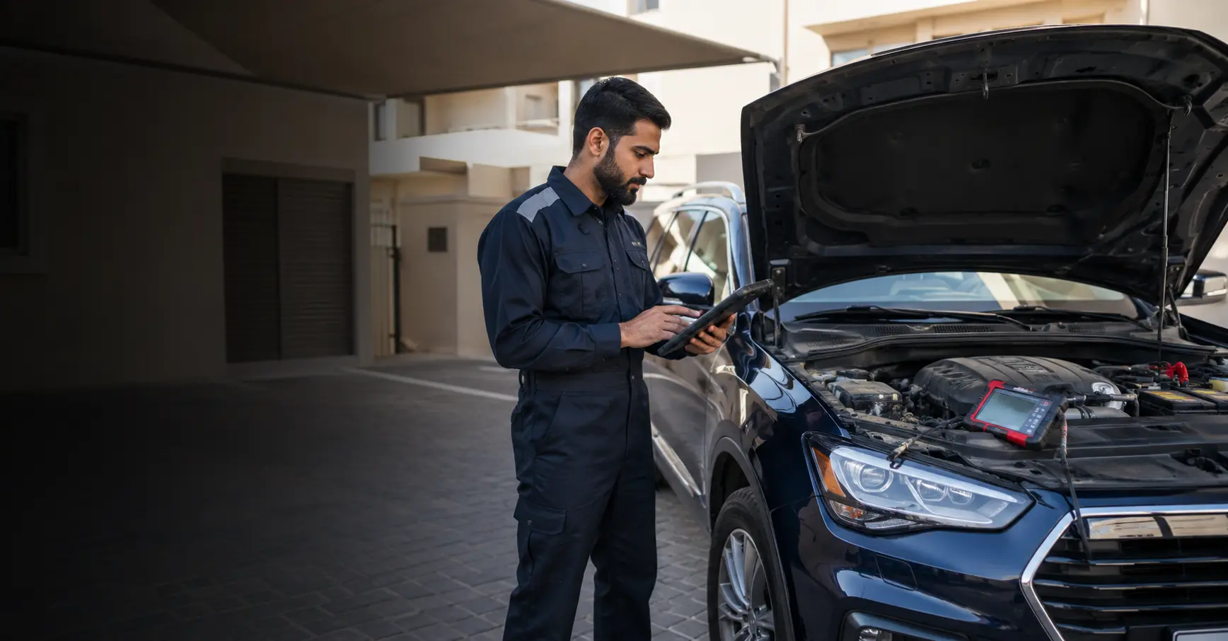 Technician checking a parked car with portable inspection equipment