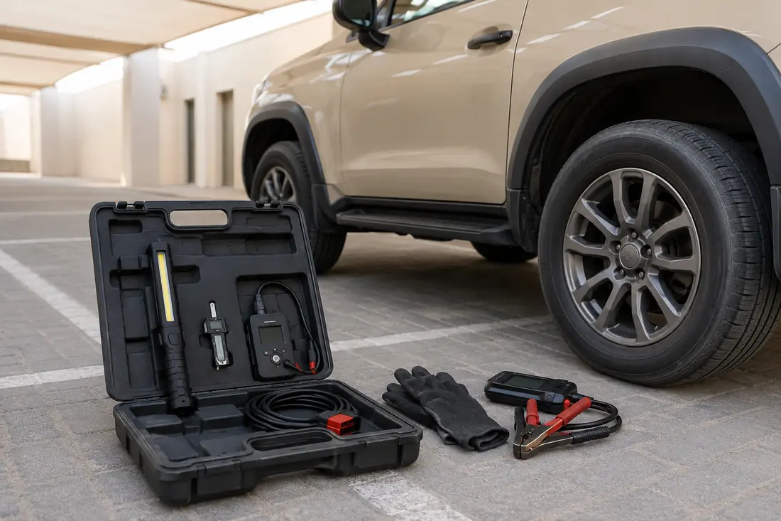 Portable inspection equipment beside a parked SUV