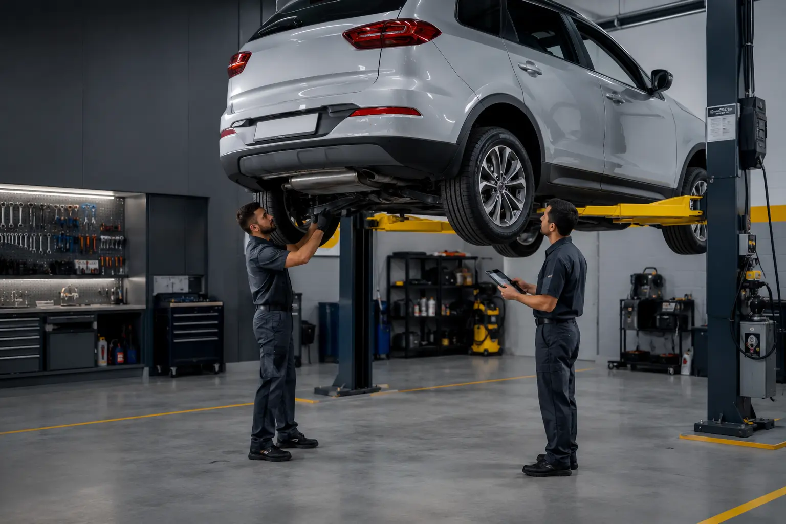 Multi point car inspection on a workshop lift in Dubai