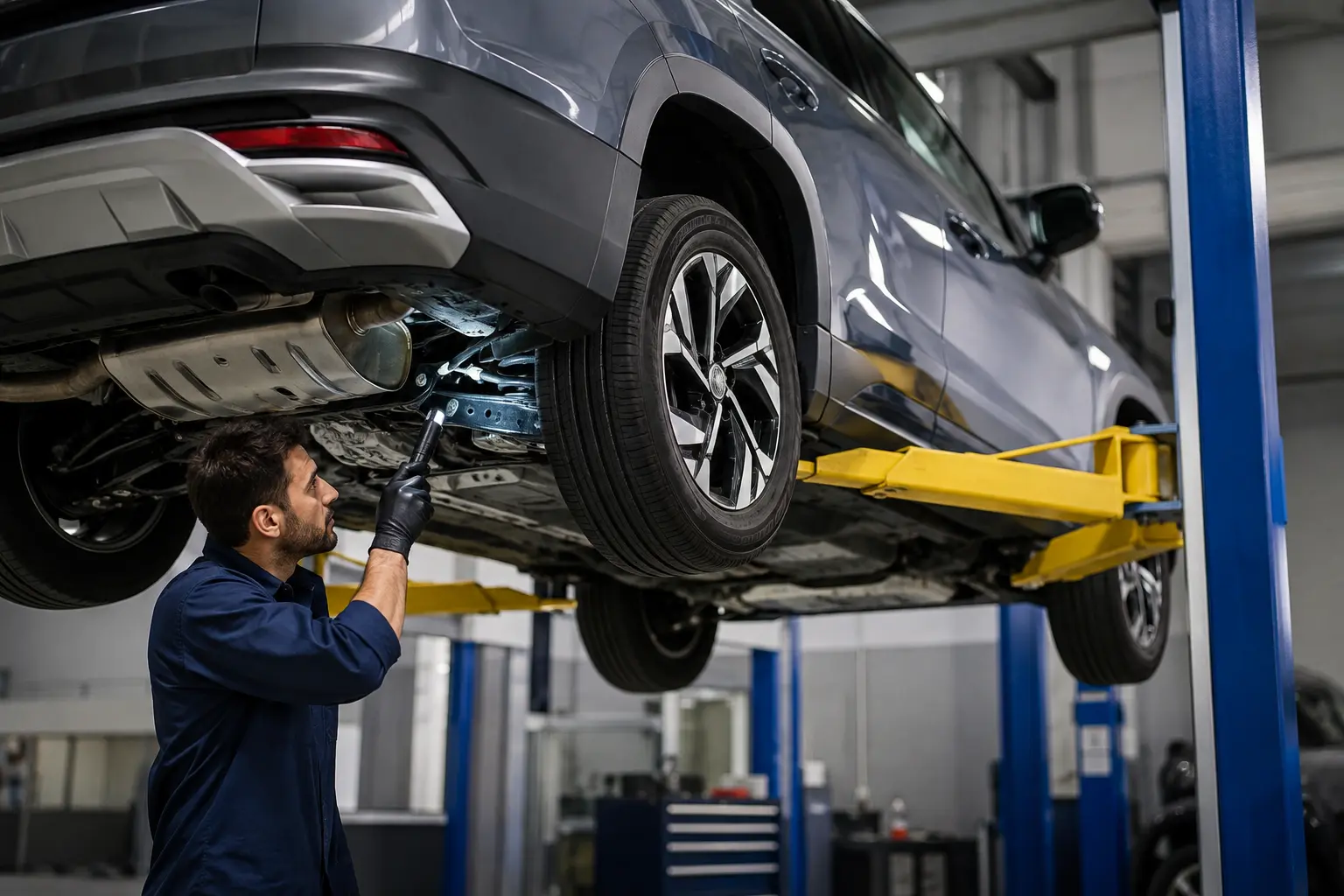 Salvage-condition vehicle underbody and structure being examined on a lift